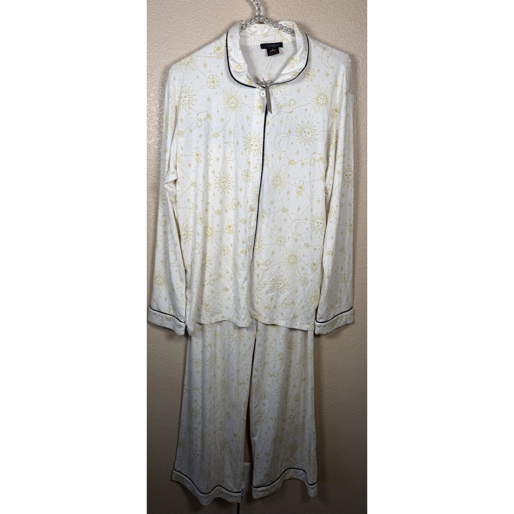 J.Crew Women's Medium Celestial Print Pajama Set‎ Sun Moon Stars White Gold